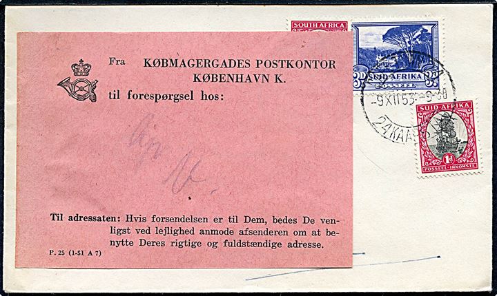 1d (2) og 3d på brev fra Danske Legation i Cape Town d. 9.12.1955 til København, Danmark. Påsat P.25 (1-51 A7) forespørgsels vignet fra Købmagergades Postkontor.
