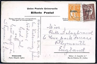 1 c. og 2 c. Acores provisorisk lokal udg. på brevkort fra Ponta Delgada d. 11.12.1919 til Plymouth, England.