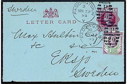 1d Victoria helsags korrespondancekort opfrankeret med 1½d Victoria annulleret Paddington /P20 d. 29.3.1893 til Eksjö, Sverige.