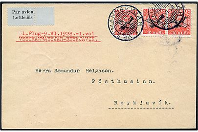 10 aur Luftpost provisorium (3) på 1. flyvningsbrev fra Vestmannaeyjar d. 9.6.1928 til Reykjavik. Ank.stemplet i Reykjavik samme dag.