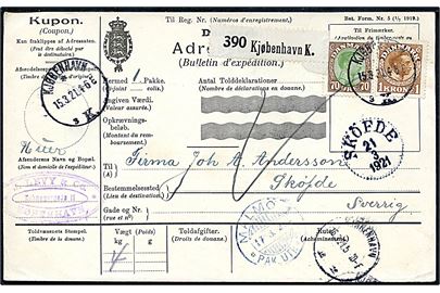 70 øre og 1 kr. Chr. X på internationalt adressekort for pakke fra Kjøbenhavn d. 15.3.1921 via Malmö til Sköfte, Sverige.