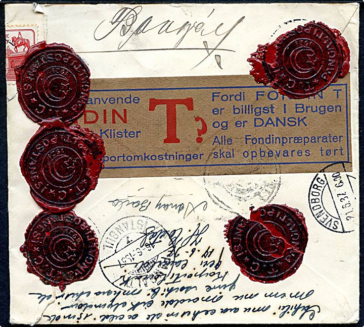 Komplet sæt Regentjubilæum på anbefalet brev fra Svendborg d. 12.6.1937 til Istanbul, Tyrkiet. Åbnet af tyrkisk toldkontrol og returneret med 2-sproget etiket Yasak maddeler / O. Interdits (Forbudt indhold).