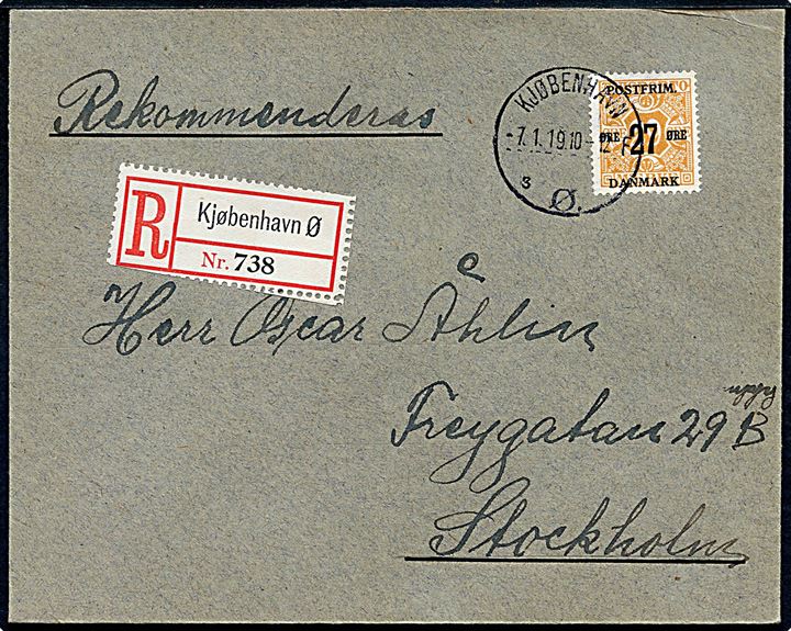 27/29 øre Provisorium single på anbefalet brev fra Kjøbenhavn d. 7.1.1919 til Stockholm, Sverige.