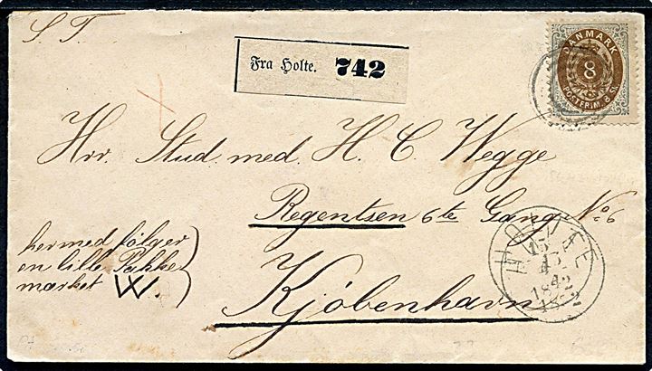 8 sk. Tofarvet single på pakkefølgebrev for pakke annulleret med nr.stempel 206 og sidestemplet lapidar VI Holte d. 15.4.1872 til Kjøbenhavn.