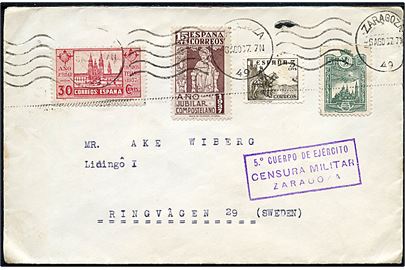 50 c. blandingsfrankeret brev med 5 c. Pro Avion Zaragoza  udg. på brev fra Zaragoza d. 6.8.1937 til Lidingö, Sverige. Lokal spansk borgerkrigscensur i Zaragoza.