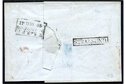 1841. Brev med rammestempel fra det svenske postkontor STRALSUND og K.S.&.N.P.C. Hamburg d. 20.8.1841 til Stockholm. Sjældent stempel og flere påtegninger.