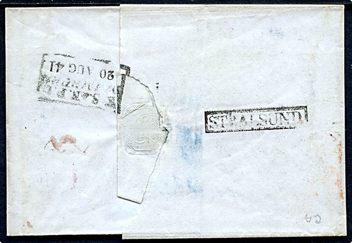 1841. Brev med rammestempel fra det svenske postkontor STRALSUND og K.S.&.N.P.C. Hamburg d. 20.8.1841 til Stockholm. Sjældent stempel og flere påtegninger.