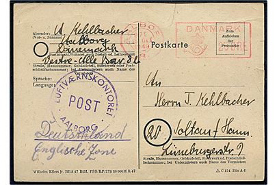 25 øre posthusfranko frankeret brevkort fra Aalborg 3 d. 15.10.1948 til Soltau, Tyskland. Sendt fra tysk flygtning i lejr Vestre Alle med blåt stempel Luftværnskontoret / Post / * Aalborg *.