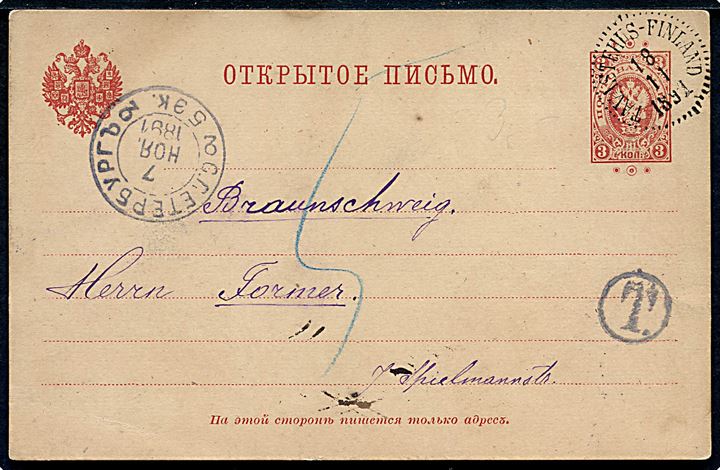 Russisk 3 kop. med ringe helsagsbrevkort sendt underfrankeret fra Tavestehus-Finland d. 18.11.1891 via St. Petersburg til Braunschweig, Tyskland. Sort T-stempel og udtakseret i 5 pfg. tysk porto.