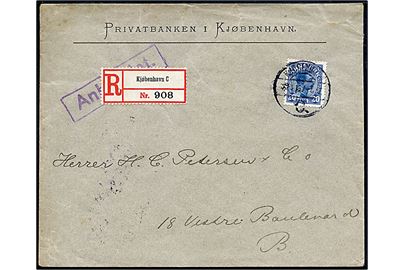 20 øre Chr. X single på anbefalet lokalbrev i Kjøbenhavn d. 22.4.1915.