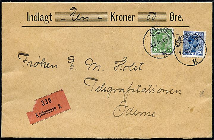 5 øre og 20 øre Chr. X på værdibrev fra Kjøbenhavn d. 15.3.1916 til Odense. På bagsiden to laksegl fra Kongl. Telegrafstation Kiøbenhavn.