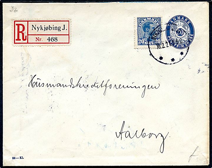 20 øre helsagskuvert (fabr. 30-Kl.) opfrankeret med 20 øre Chr. X sendt anbefalet fra Nykjøbing Jyll. d. 16.2.1921 til Aalborg.