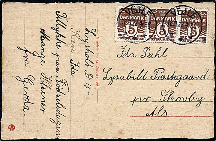 5 øre Bølgelinie i 3-stribe på brevkort annulleret med brotype IIIb Vejle d. 16.10.1922 til Skovby på Als.