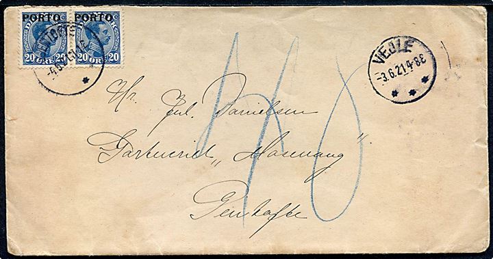 Ufrankeret brev fra Vejle d. 3.6.1921 til Gentofte. Udtakseret i porto med 20 øre Chr. X Porto-provisorium i parstykke stemplet Gjentofte d. 4.6.1921.