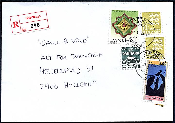 30,75 kr. blandingsfrankeret anbefalet brev fra Hørve annulleret med brotype VIII Jyderup 4450 sn445032 d. 7.11.1995 til Hellerup. Påsat rec.-etiket fra Snertinge. 