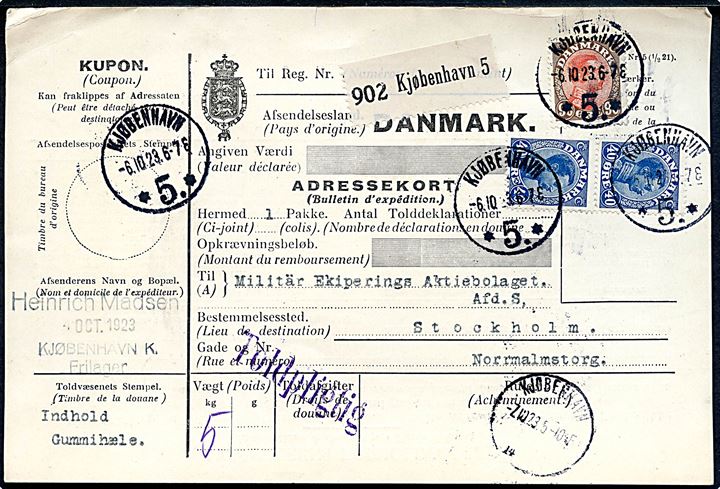 40 øre (par) og 90 øre Chr. X på 170 øre frankeret internationalt adressekort for pakke fra Kjøbenhavn d. 6.10.1923 til Stockholm, Sverige.