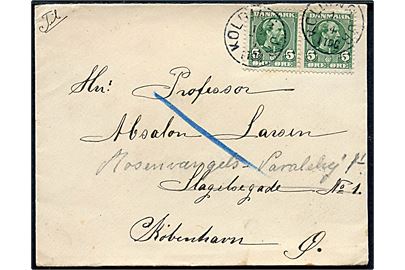 5 øre Chr. IX i parstykke på brev annulleret med lapidar Kolding JB. d. 12.4.1906 til professor Absalon Larsen i København.