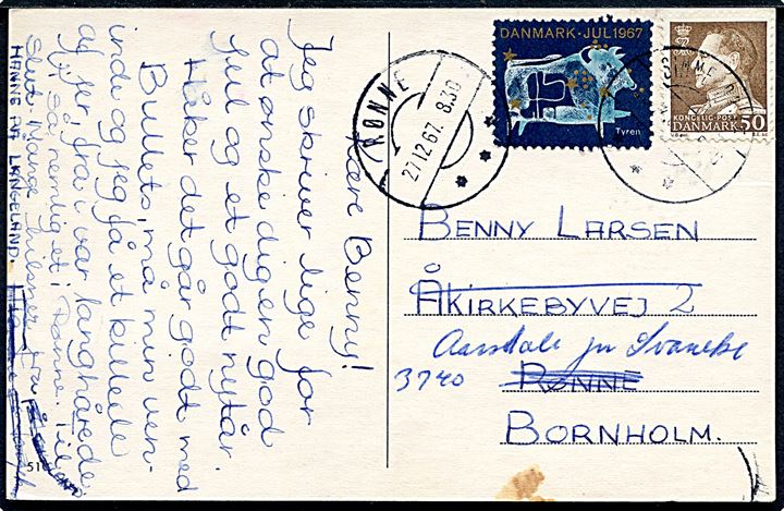 50 øre Fr. IX og Julemærke 1967 på julekort annulleret med brotype IId Simmerbølle d. x.12.1967 til Rønne på Bornholm - eftersendt til Aarsdale pr. Svaneke.
