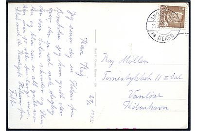 20 øre Fr. IX på brevkort annulleret med pr.-stempel Snogebæk pr. Neksø d. 27.6.1955 til Vanløse. Røde ombæringskontrolstreger. 