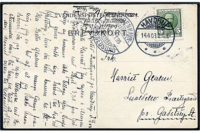 5 øre Fr. VIII på brevkort fra Havdrup d. 14.4.1908 via bureau Kjøbenhavn - Masnedsund T.96 d. 14.4.1908 til Gadstrup St.
