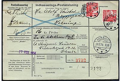 15 øre Karavel (2) på retur Indkasserings-Postanvisning fra Odense d. 19.2.1934 til Herning.