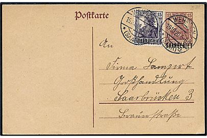 15 pfg. Germania Saargebiet provisorisk helsagsbrevkort opfrankeret med 15 pfg. Germania Saargebiet provisorium stemplet Wehrden (Saar) d. 15.10.1920 til Saarbrücken. 