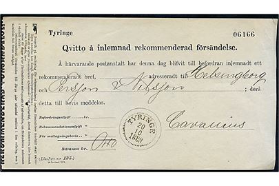 Fortrykt kvittering for afsendelse af anbefalet brev fra Tyringe d. 20.10.1889 til Helsingborg.