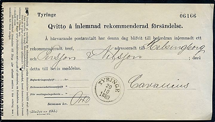 Fortrykt kvittering for afsendelse af anbefalet brev fra Tyringe d. 20.10.1889 til Helsingborg.