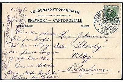 5 øre Fr. VIII på brevkort (Møens Klint ved Dronningestolen) annulleret med bureaustempel Masnedsund - Kallehave T.5 d. 18.8.1910 til København.