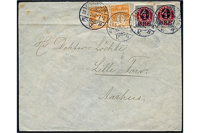1 øre Bølgelinie (2) og 4/8 øre Provisorium (2) på brev fra Kjøbenhavn d. 25.5.1906 til Aarhus. Lidt nusset.
