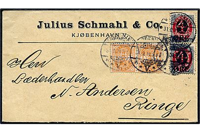 1 øre Våben (par) og 4/8 øre Provisorium (2) på brev fra Kjøbenhavn d. 31.10.1904 til Ringe.