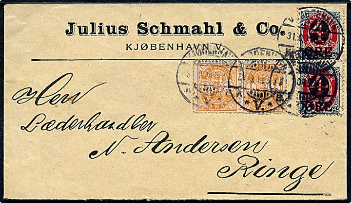 1 øre Våben (par) og 4/8 øre Provisorium (2) på brev fra Kjøbenhavn d. 31.10.1904 til Ringe.
