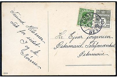3 øre Bølgelinie og 5 øre Chr. X på brevkort fra Rønne annulleret med bureaustempel Rønne - Nexø T.1 d. 7.6.1916 til Østermarie.