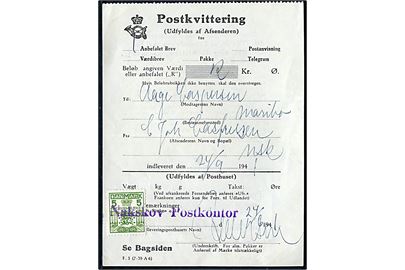 5 øre Gebyrmærke annulleret med liniestempel Nakskov Postkontor på Postkvittering - F.1 (7-39 A6) - for afsendelse af anbefalet brev d. 24.6.1941.