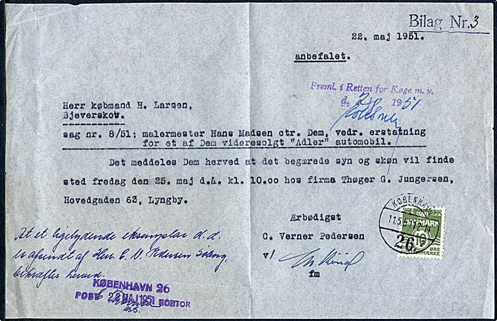 10 øre Bølgelinie som gebyr på enslydende kopi af skrivelse attesteret ved København 26 d. 11.5.1951.