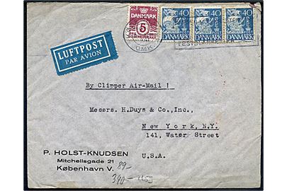 5 øre Bølgelinie og 40 øre Karavel (3) på luftpostbrev fra København d. 20.4.1941 til New York, USA. Påskrevet: By Clipper Air-Mail!. Åbnet af tysk censur i Frankfurt.