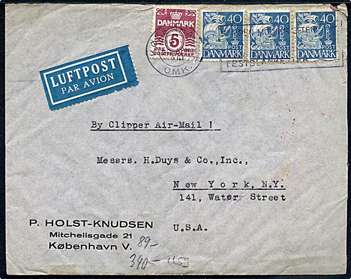 5 øre Bølgelinie og 40 øre Karavel (3) på luftpostbrev fra København d. 20.4.1941 til New York, USA. Påskrevet: By Clipper Air-Mail!. Åbnet af tysk censur i Frankfurt.