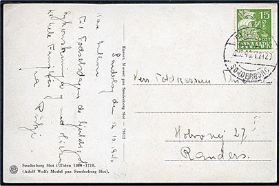 15 øre Karavel på brevkort fra Sønderborg annulleret med bureaustempel Tinglev - Sønderborg T.2420 d. 12.10.1940 til Randers. Fold.