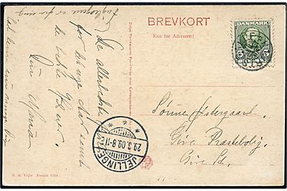 5 øre Fr. VIII på brevkort annulleret med stjernestempel HJORTSBALLE og sidestemplet Jellinge d. 29.3.1909 til Give.