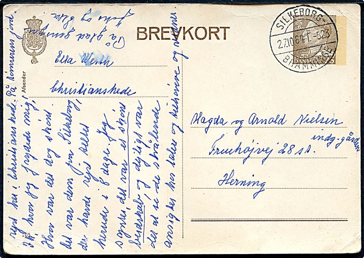25 øre Fr. IX helsagsbrevkort (fabr. 205) fra Christianshede annulleret med bureaustempel Silkeborg - Bramminge T.523 d. 27.10.1964 til Herning.