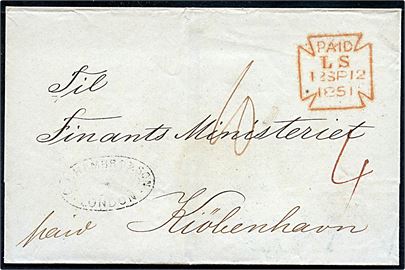 1851. Francobrev fra London stemplet PAID LS d. 12.9.1851 via K.D.O.P.A. Hamburg d. 15.9.1851 til København, Danmark. Flere påtegninger.