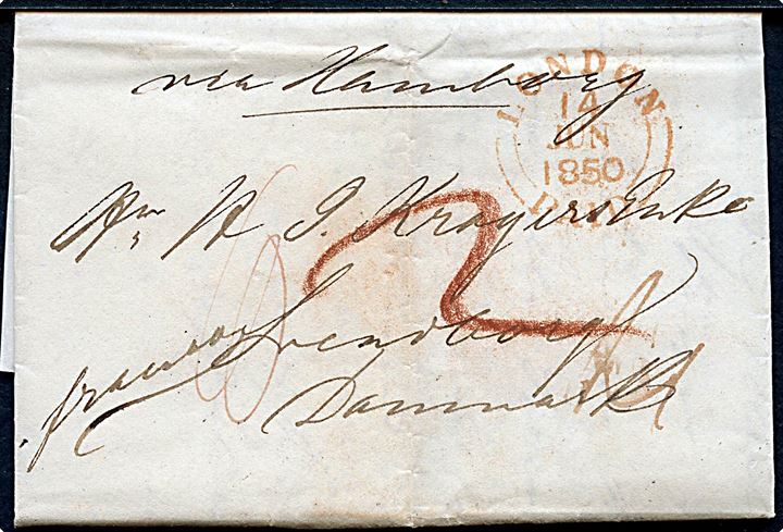 1850. Francobrev fra London d. 14.6.1850 via K.D.O.P.A. Hamburg til Svendborg, Danmark. Flere påtegninger.