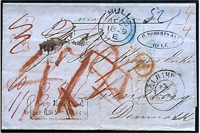 1849. Portobrev fra Hull d. 20.4.1849 påskrevet via Ostende med svagt rammestempel Aus England per Aachen franco til Svendborg, Danmark. Mange påteginger.