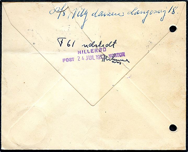 30 øre Fr. IX på lokalbrev med uangivne rede penge stemplet Hillerød B. d. 23.7.1953. Påskrevet Kassebrev, udtakseret i 60 øre porto og fremsendt som anbefalet post. På bagsiden påskrevet: F61 udstedt og stempel Hillerød postkontor d. 24.7.1953. 2 arkivhuller.