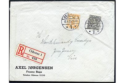 50 øre Chr. X og 10 øre Gebyrmærke på anbefalet brev afsendt udenfor alm. kontortid ved Odense 1 d. 13.8.1935 kl. 2.30 til Give. God anvendelse fra provinsen.