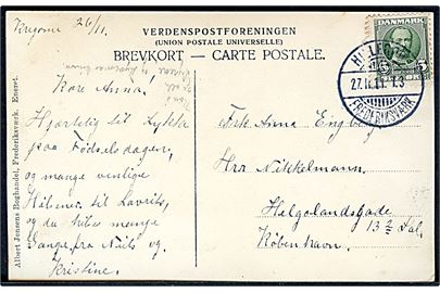 5 øre Fr. VIII på brevkort (Badeliv i Roskilde fjord ved Lille Kregome) dateret Kregome og annulleret med bureaustempel Hillerød - Frederiksværk T.3 d. 27.11.1911 til København.