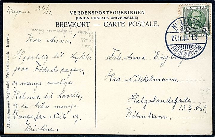 5 øre Fr. VIII på brevkort (Badeliv i Roskilde fjord ved Lille Kregome) dateret Kregome og annulleret med bureaustempel Hillerød - Frederiksværk T.3 d. 27.11.1911 til København.