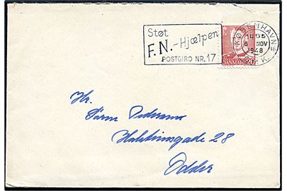 20 øre Fr. IX på brev annulleret med TMS Støt F.N.-Hjælpen Postgiro Nr. 17/København OMK 16 d. 6.11.1948 til Odder.