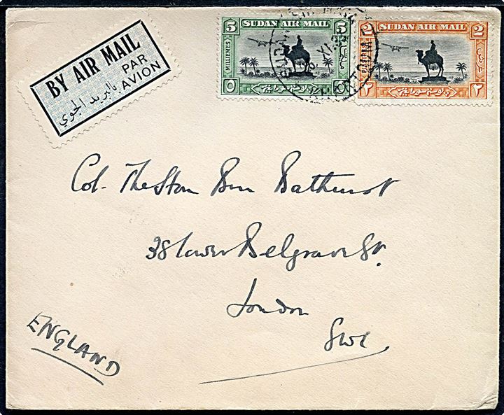 2 mills. og 5 mills. Luftpost på fortrykt kuvert fra 47 Squadron Royal Air Force stemplet Sudan Air Mail Khartoum d. 26.11.1933 til London, England.