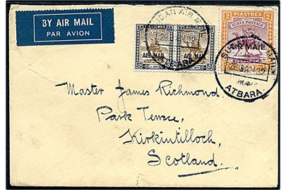 5 mills Luftpost provisorium i parstykke og 2 mills kamel rytter på luftpostbrev annulleret Sudan Air Mail Atbara d. 28.1.1932 til Scotland. 